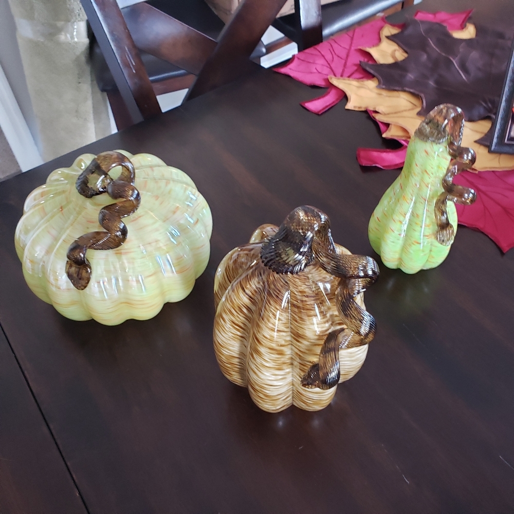 3 beautiful glass pumpkins